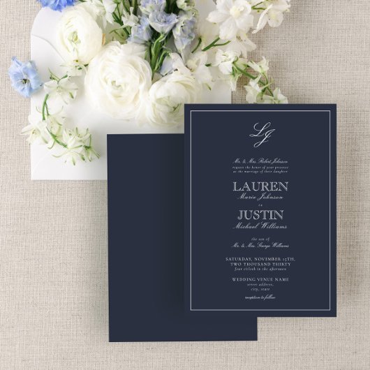 Klassische Navy Blue Script Monogram Wedding Einladung