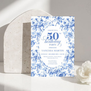 Klassische Navy-Blue-Toile-Rosen 50. Geburtstagsei Einladung
