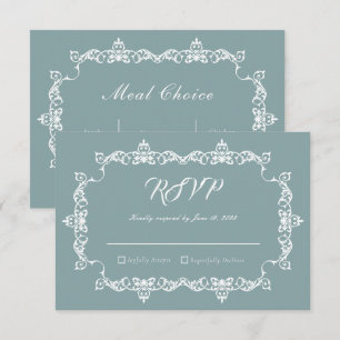 Klassische, nebelblaue, aufwendig gerahmte Hochzei RSVP Karte