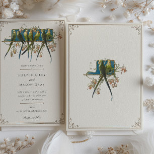 Klassische, ornamentale Papageien-Hochzeitseinladu Einladung