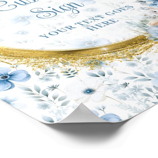 Klassische pastellblaue Blumen Goldbabylzeichen Poster (Ecke)