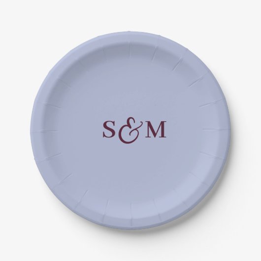 Klassische Periwinkle-Hochzeit mit Monogramm und E Pappteller (Vorderseite)