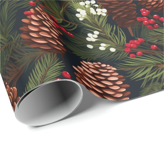 Klassische Pine Cones Filialen Berries Xmas Muster Geschenkpapier (Rolleneckpunkt)