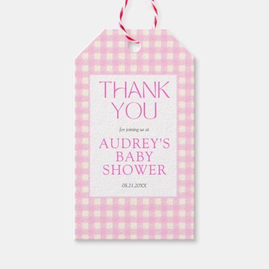 Klassische Pink Gingham Girl Baby Dusche Geschenkanhänger (Vorderseite)