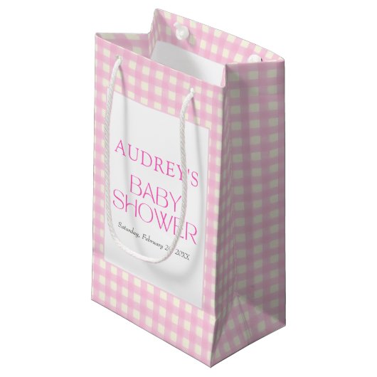 Klassische Pink Gingham Girl Baby Dusche Kleine Geschenktüte (Vorderseite Schrägansicht)
