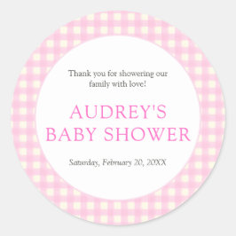 Klassische Pink Gingham Girl Baby Dusche Runder Aufkleber