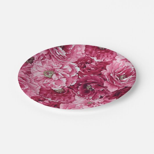 Klassische Pink Peonies Clusters Blumenpapier-Tell Pappteller (Schrägansicht)