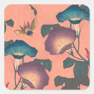 Klassische Pinke Bienen-Blumen-Kunst von Hokusai Quadratischer Aufkleber