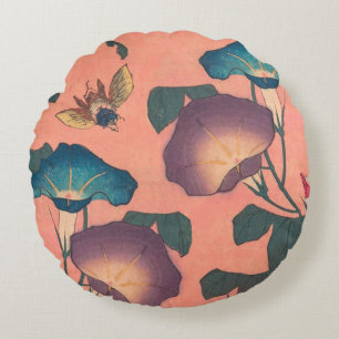 Klassische Pinke Bienen-Blumen-Kunst von Hokusai Rundes Kissen