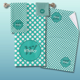 Klassische Polka-Punkte Türkis & Weiß Monogramm Na Badhandtuch Set