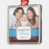 Klassische Portrait Blue Stripe Band Weihnachts-Fo Silbernes Ornament (Links)
