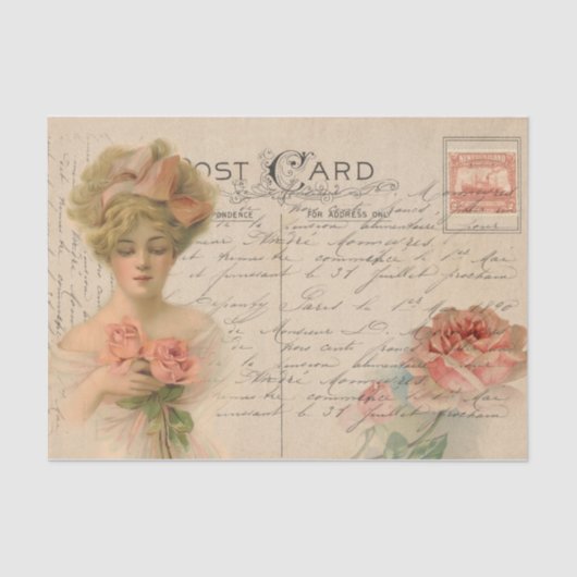 Klassische Postkarte/Viktorianische Dame mit Rose Seidenpapier (Vorderseite)
