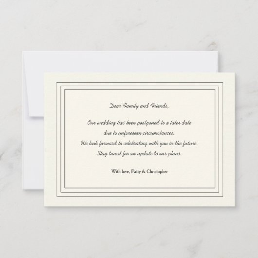 Klassische Postponement-Announcement-Karte Ankündigung (Vorderseite)