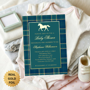 Klassische Preppy-Kariert-Grün-Pferd-Baby-Party Folieneinladung