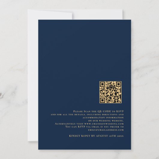 Klassische QR Code Navy Gold Script Einladung Hoch (Rückseite)