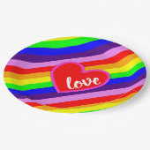 Klassische Regenbogenstreifen mit Herzfarbe Pappteller (Schrägansicht)