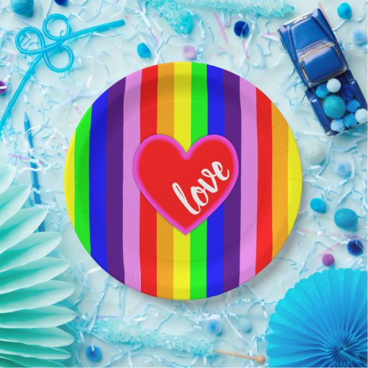 Klassische Regenbogenstreifen mit Herzfarbe Pappteller (Party)