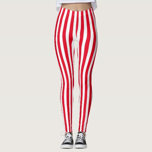 Klassische Retro-rote und weiße vertikale Streifen Leggings (Vorderseite)