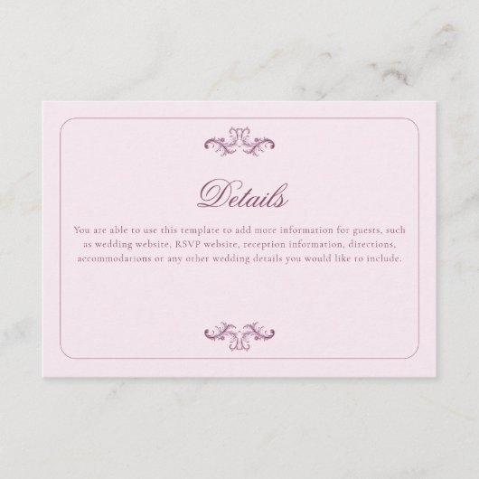 Klassische Rosa-Hochzeitdetails Begleitkarte (Vorderseite)