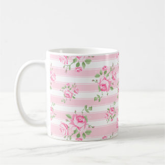 Klassische rosa Rose und Streifen Cottage Core Kaf Kaffeetasse