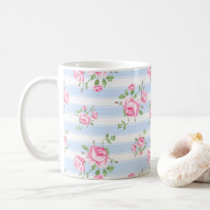 Klassische rosa Rose und Streifen Cottage Core  Kaffeetasse