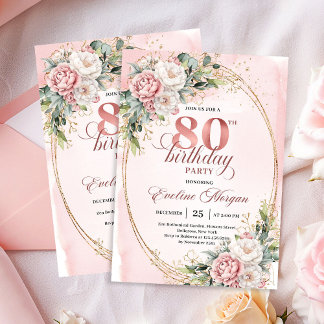 Klassische rosafarbene Blumen Grünelemente 80. Geb Einladung
