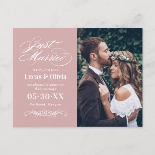 Klassische Rose Pink Just Married Foto Ankündigungspostkarte