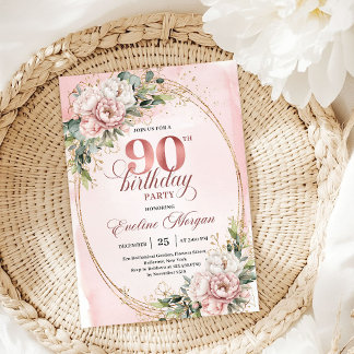 Klassische Rosen-Gold-Blumen-Grün 90. Geburtstag Einladung