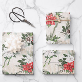 Klassische Rot-Weiß-Poinsettia-Kiefernfische Geschenkpapier Set