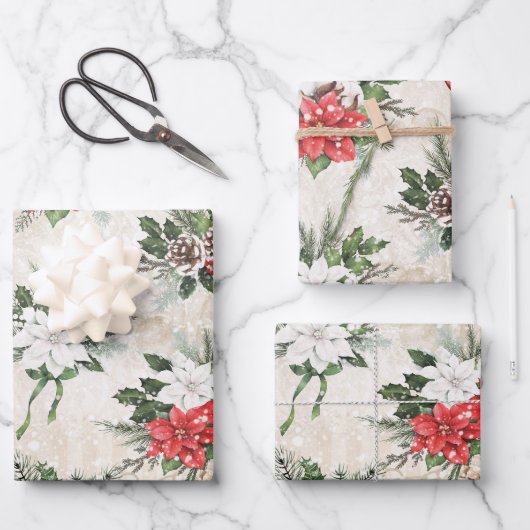 Klassische Rot-Weiß-Poinsettia-Kiefernfische Geschenkpapier Set (Vorderseite)