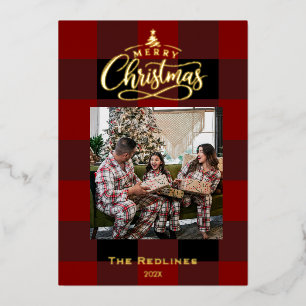 Klassische rote Buffalo-Karo-Plaid-Weihnachtsfolie Folien Feiertagskarte
