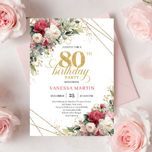 Klassische rote Burgunder-Blumen-Einladung zum 80. Einladung