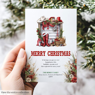 Klassische rote grüne Ranch-Weihnachtsgrußkarte Feiertagskarte