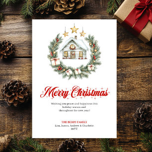 Klassische rote grüne Weihnachtsszene Grußkarte Feiertagskarte
