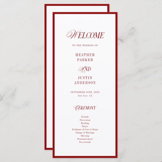 Klassische Rote Hochzeitsprogramme (Vorne/Hinten)