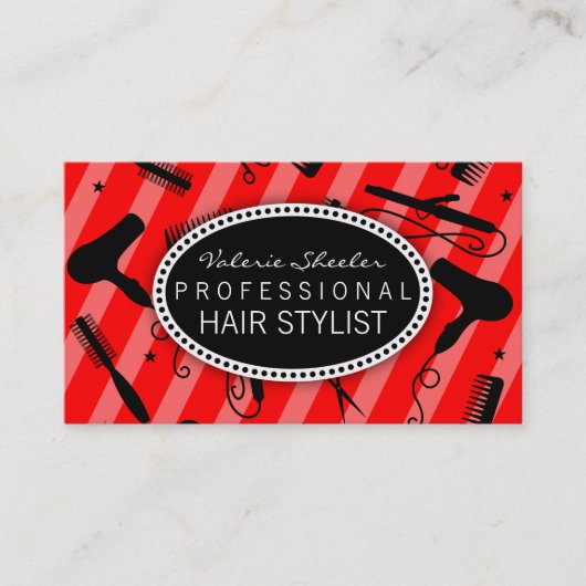 Klassische rote u. schwarze Friseursalon-Werkzeuge Visitenkarte (Vorderseite)