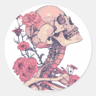Klassische Runde Aufkleber. Skelett mit Blume. Pin Runder Aufkleber