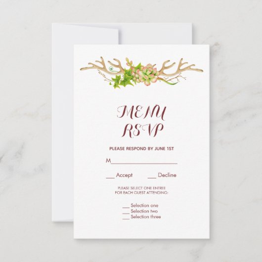 Klassische rustikale Antler & Wildblumen Menü-UAWG RSVP Karte (Vorderseite)
