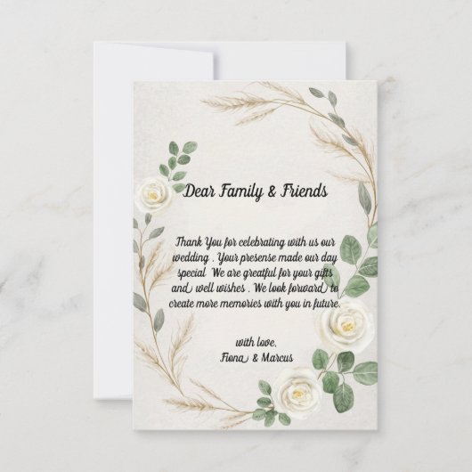 Klassische Rustikale Boho Rose & Pampas Grass Wedd Dankeskarte (Vorderseite)