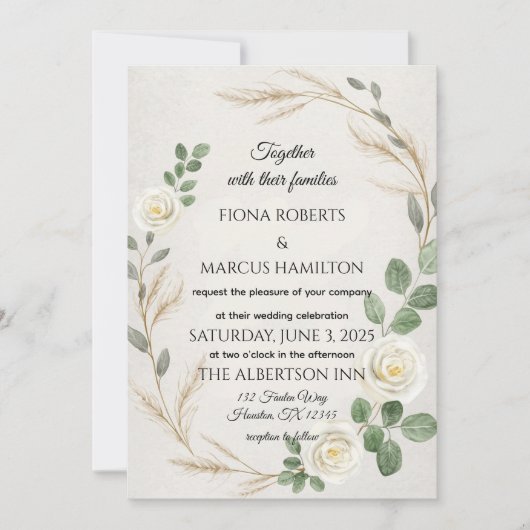 Klassische Rustikale Boho Rose & Pampas Grass Wedd Einladung (Vorderseite)