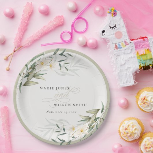 Klassische Rustikale Weiße Grüne Blumenfest Hochze Pappteller (Party)