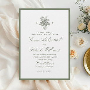 Klassische Sage-Grün-Blumen-Monogramm-Hochzeit Einladung