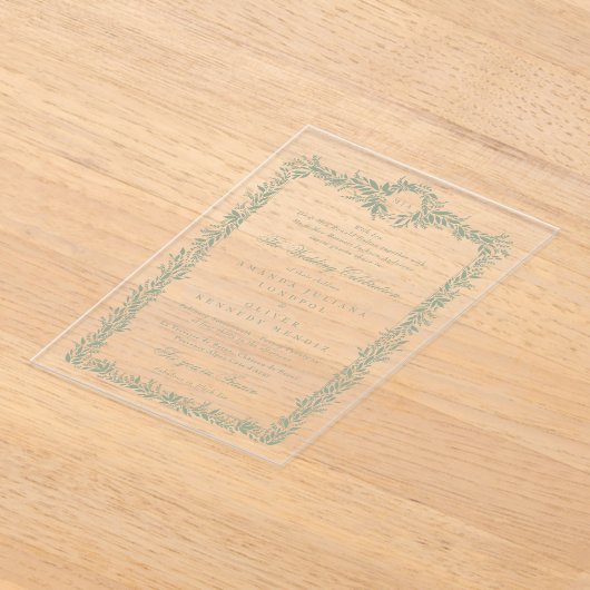 klassische Salbeigrün-Rahmen-Monogramm-Hochzeit Acryleinladungen (Ablage )