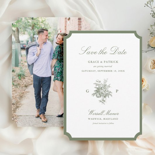 Klassische Salbeigrüne Monogramm-Foto-Hochzeit Save The Date