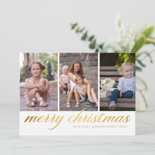 Klassische Schrift Frohe Weihnachten Gold 3 Fotos (Stehend Vorderseite)