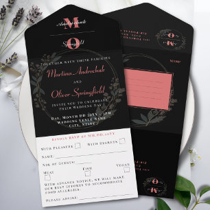 Klassische Schwarz Blush Bloral Wedding All In One Einladung