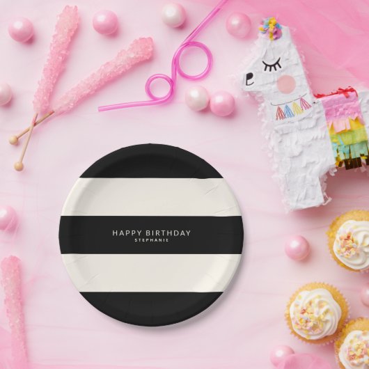 Klassische Schwarz-Eggshell Weiße Streifen Geburts Pappteller (Party)