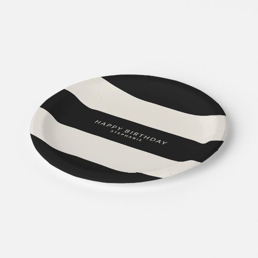 Klassische Schwarz-Eggshell Weiße Streifen Geburts Pappteller (Schrägansicht)
