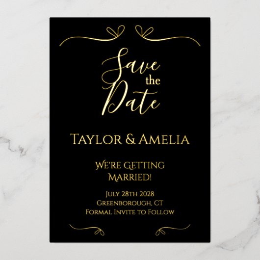 Klassische Schwarz-Gold-Foil-Hochzeit speichern Si Folieneinladung (Vorderseite)