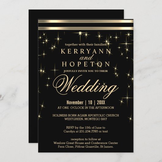 Klassische Schwarz & Gold Starlight mit Bars Einla Einladung (Vorne/Hinten)